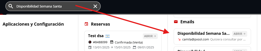 Interfaz mostrando el omnibox con la palabra clave para buscar correos electrónicos.