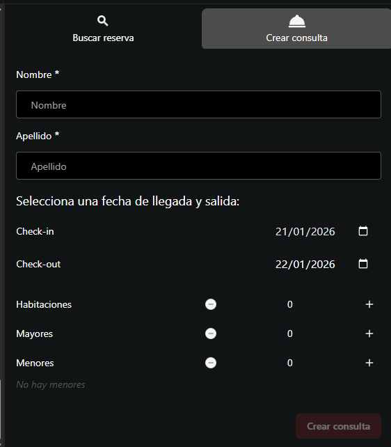 Formulario de creación de consulta con campos de ejemplo como nombre, fechas y número de personas.