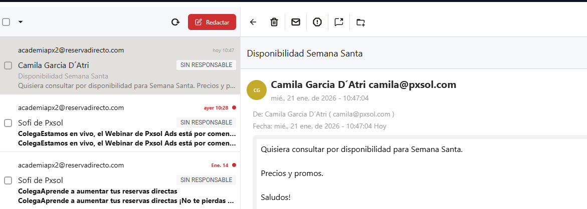 Vista del detalle de un correo electrónico, mostrando el remitente, asunto, cuerpo del mensaje y las opciones de acción.